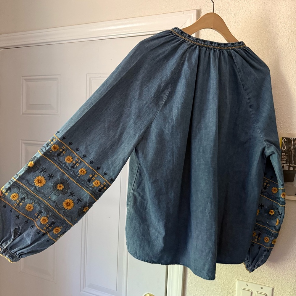 NWT DRIFTWOOD blue denim floral embroidered puff long sleeve boxy shirt blouse - Picture 4 of 6